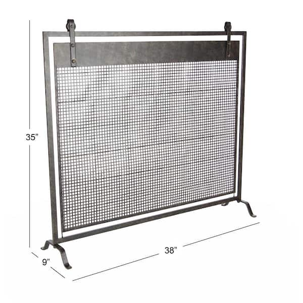 Black Metal Geometric Suspended Grid Style Netting Single Panel Fireplace Screen with Bolted Detailing
