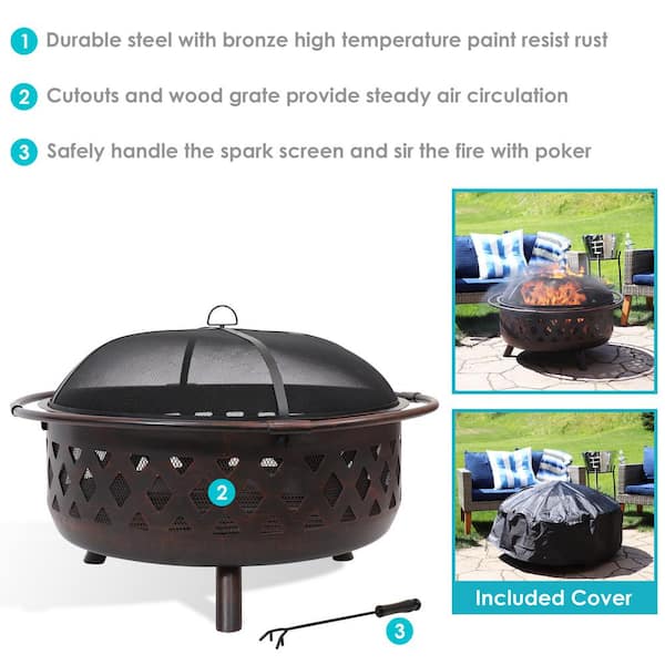 Cross Weave 36 in. x 24 in. Large Round Steel Wood Burning Fire Pit in Bronze with Spark Screen