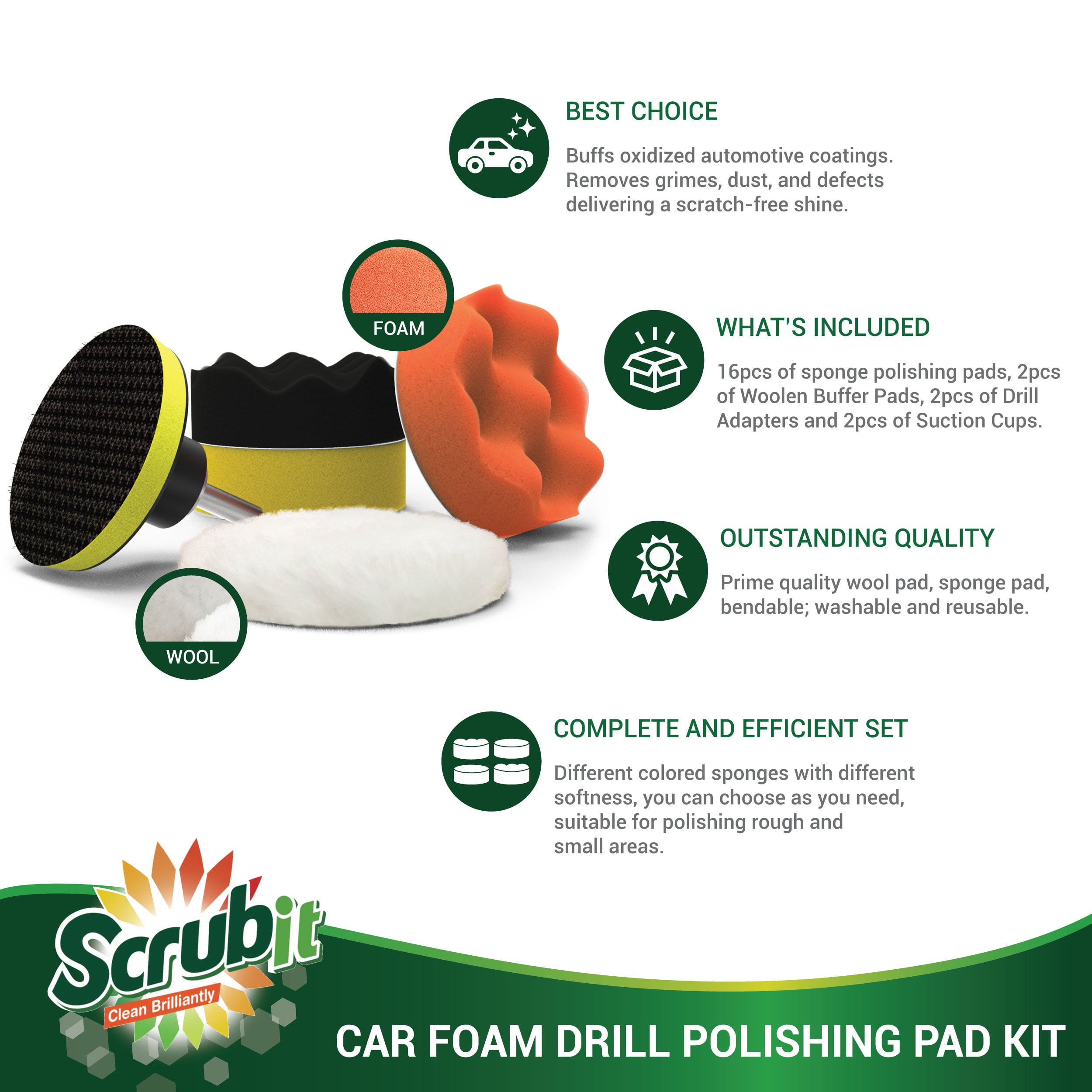SCRUBIT Car Foam Drill Polishing Pad Kit 22 Pack, Includes 16 Detailing Sponges (3 in.), 2 Wool Buffer Pads, 2 Drill Adapters and Suction Cups for Your Vehicle