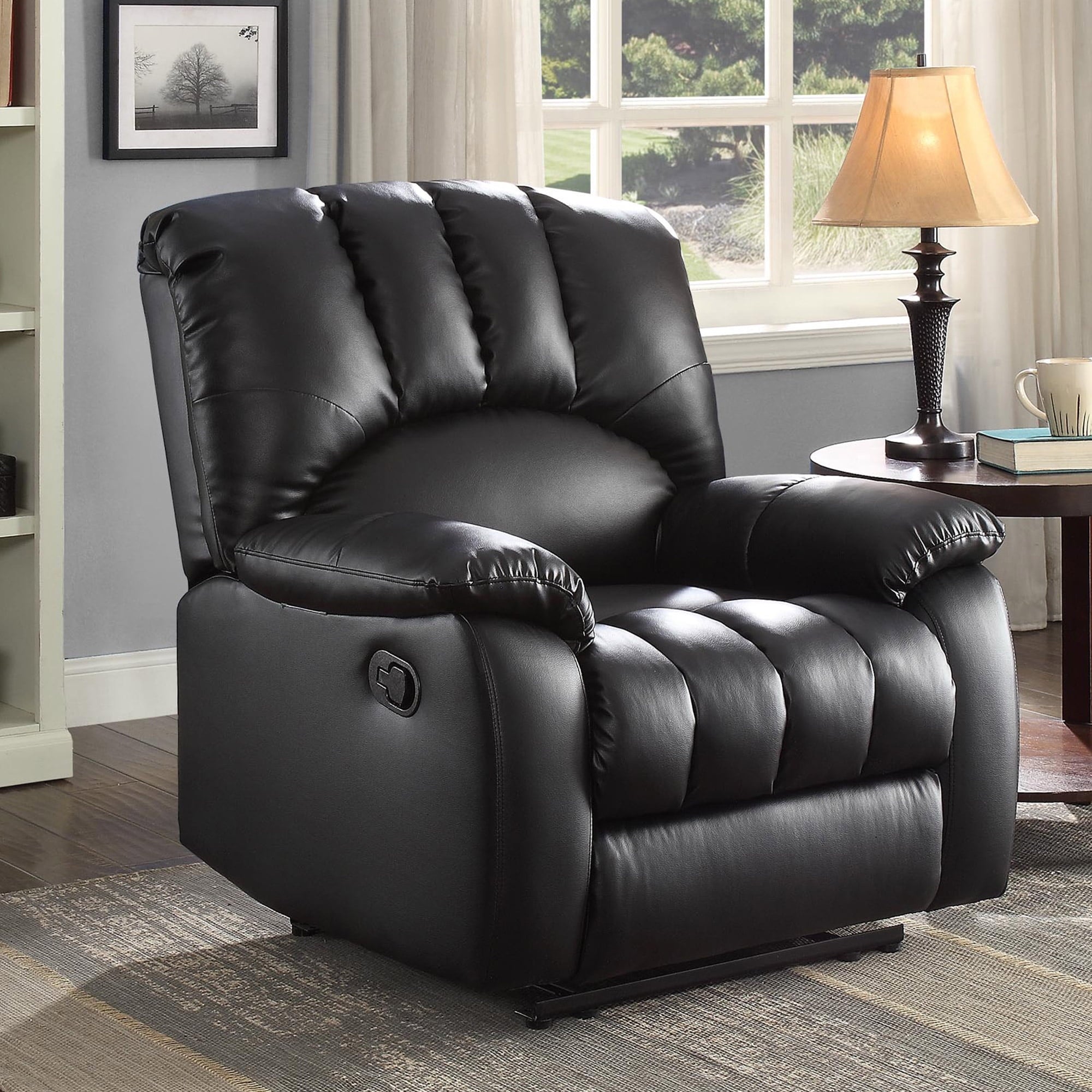 Mainstays Recliner, Full-Reclining, Black Faux Leather Upholstery