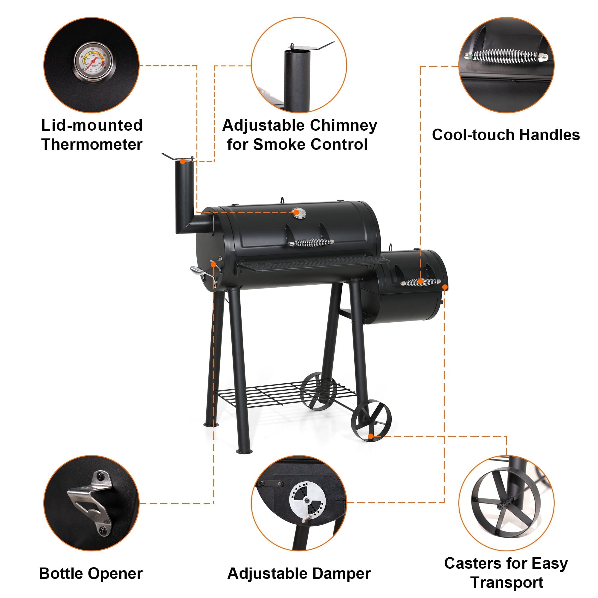 & William Portable BBQ Charcoal Grill with Offset Smoker, Black