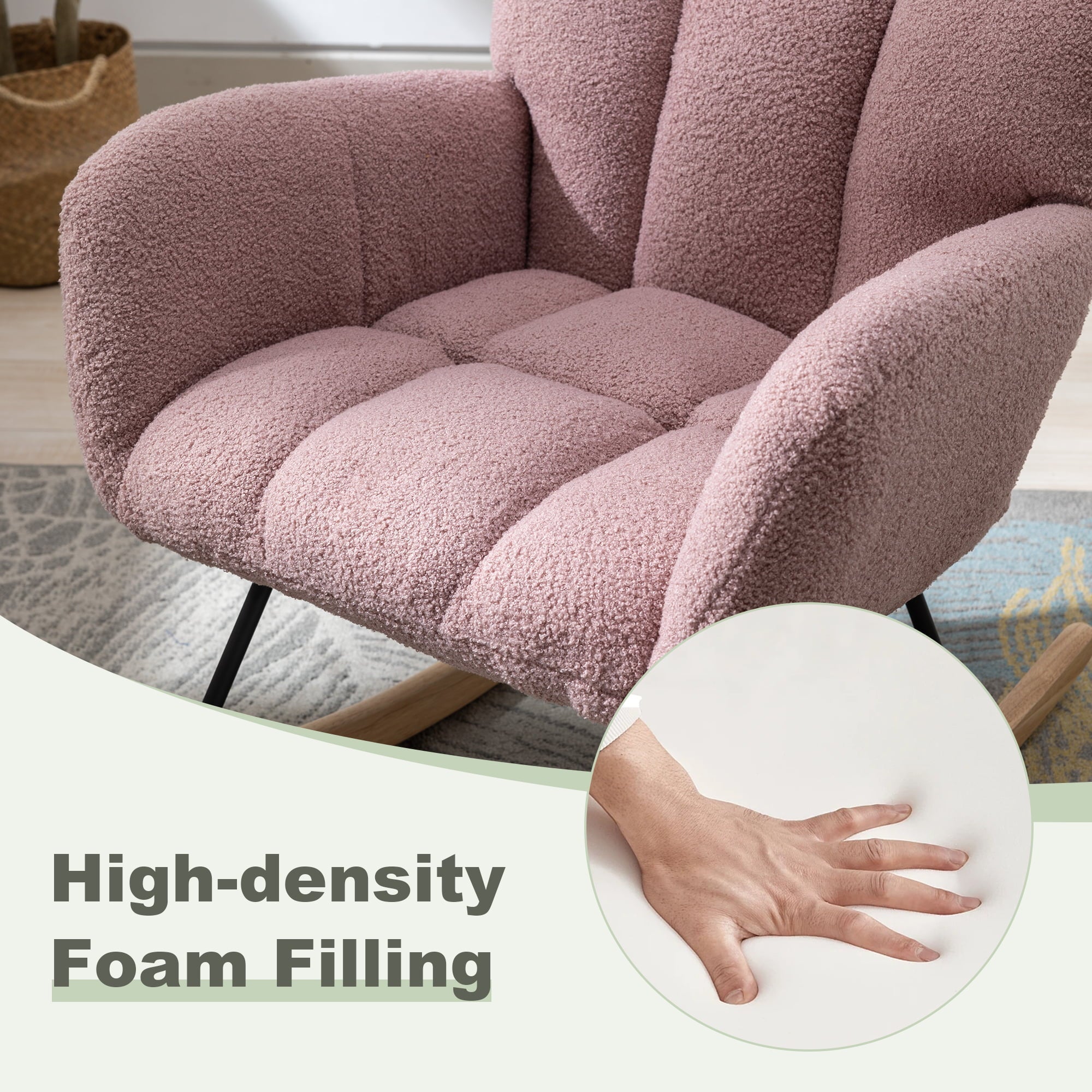 HONSIT Pink Nursery Rocking Chair, Teddy Fabric Upholstered Glider Rocker with High Backrest, Modern Rocking Accent Chairs Comfy Side Chair for Nursery, Bedroom, Living Room