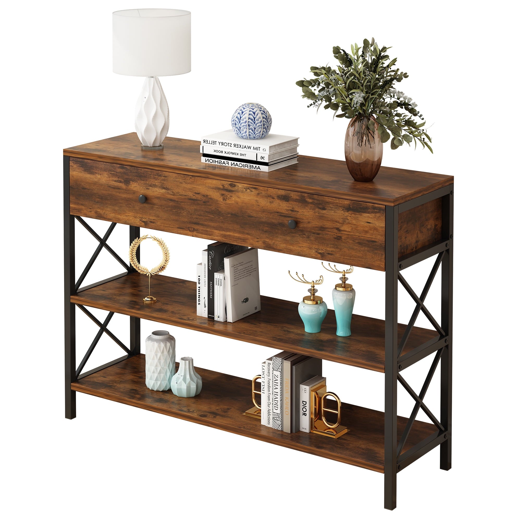 Ktaxon Industrial Console Table Sofa Table with Large Drawer and 2 Storage Shelves, Farmhouse Entryway Table for Living Room Hallway Bedroom, Rustic Brown