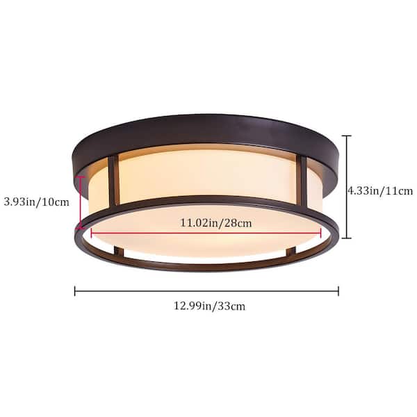 13 in. 2-Light Black Flush Mount Ceiling Light with Drum White Glass Shade