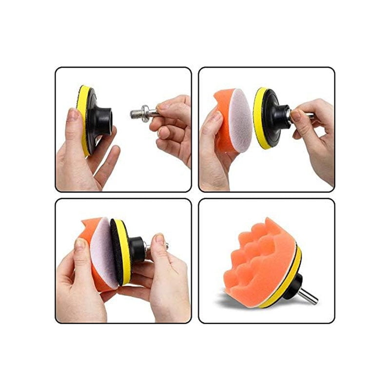 22 PCS Car Foam Drill Polishing Pad Kit, include 16 detailing sponges, 2 wool buffer pads, 2 drill adapters and suction cups, ideal for car sanding, polishing