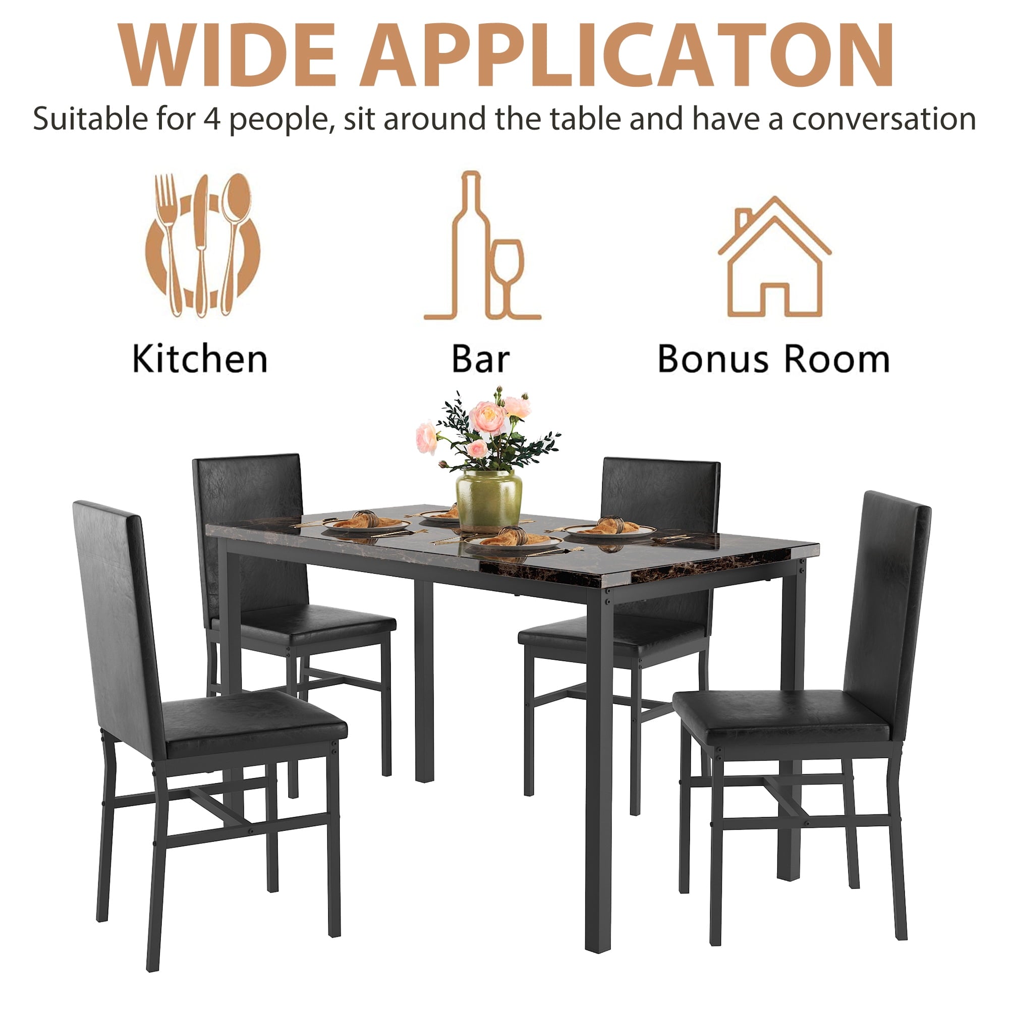 uhomepro 5-Piece Dining Room Table Set for 4 Person, Elegant Dining Table Set, Home Kitchen Table with 4 PU Leather Chairs and Metal Dining Room Modern Furniture