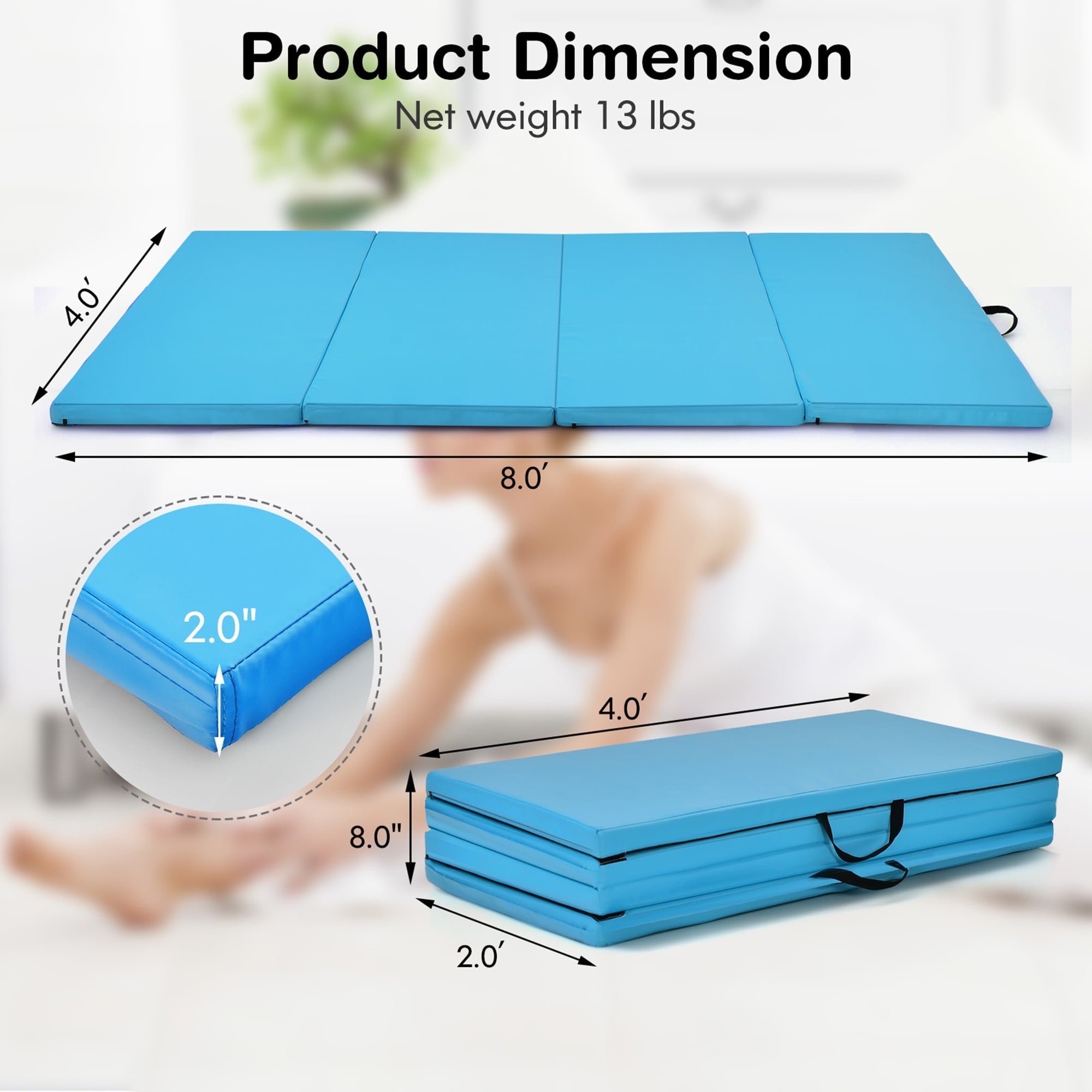 Gymax 8' x 4' x 2'' Folding Gymnastics Tumbling Mat Thickened Exercise Mat Blue