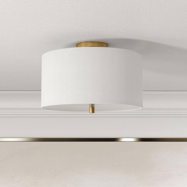 Ellis 16 in. Brass and White Semi Flush Mount with Fabric Shade