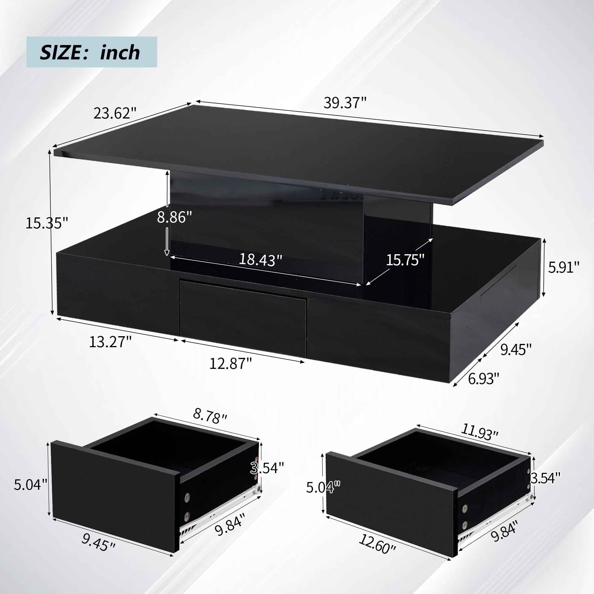 HSUNNS Black LED Coffee Table for Living Room, Modern High Glossy Center Table with 4 Drawers, Smart Cocktail Table Rectangle, Sofa Side Tea Tables with LED Lights, 40