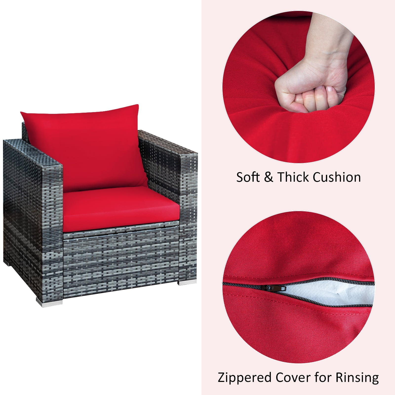 Patiojoy 3-Piece Patio Wicker Conversation Set Bistro Rattan Sofa Chair with Washable Cushion Mix Gray & Red