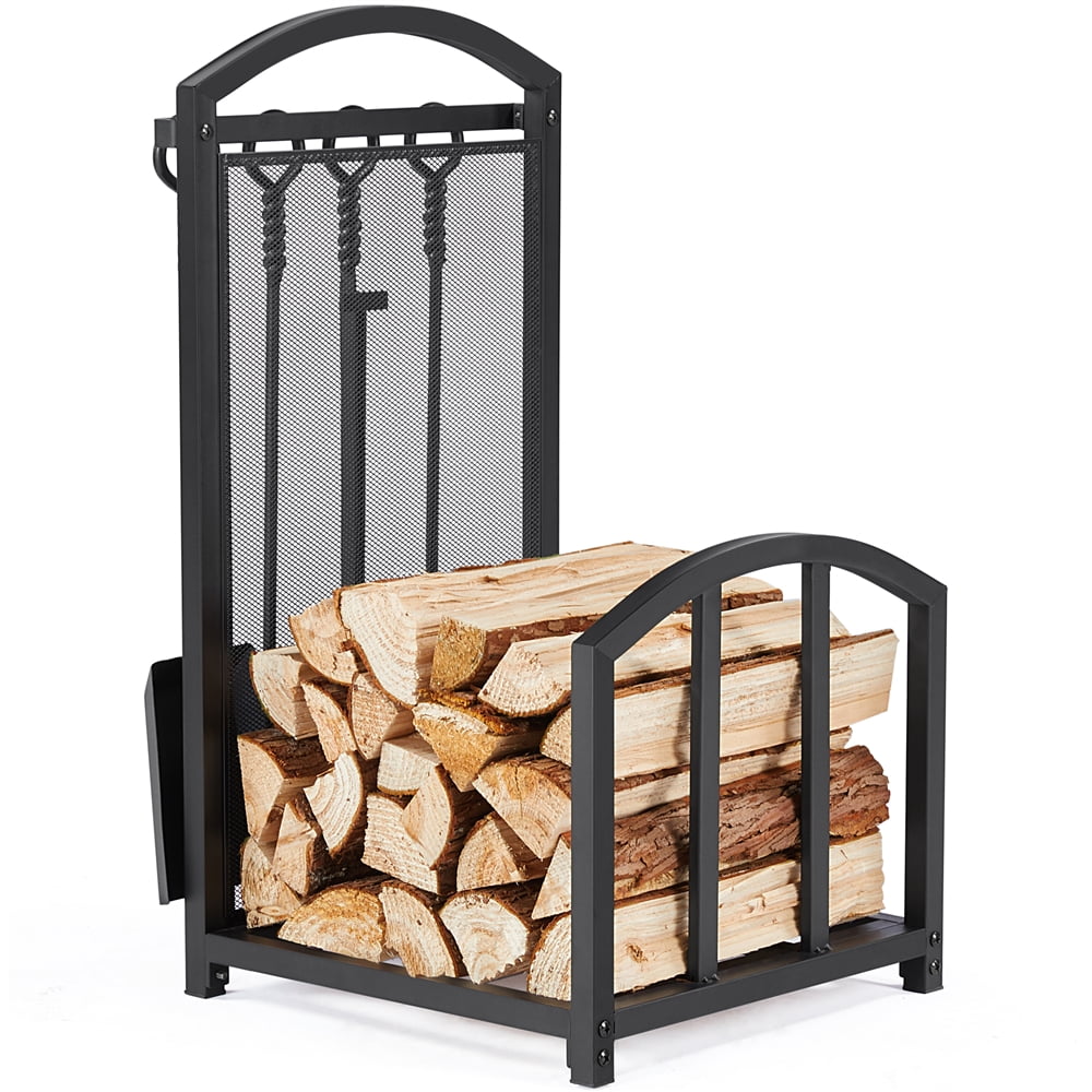 Topeakmart Firewood Rack Firewood Log Holder Rack Fireplace Tool Rack with 4 Tools, Black
