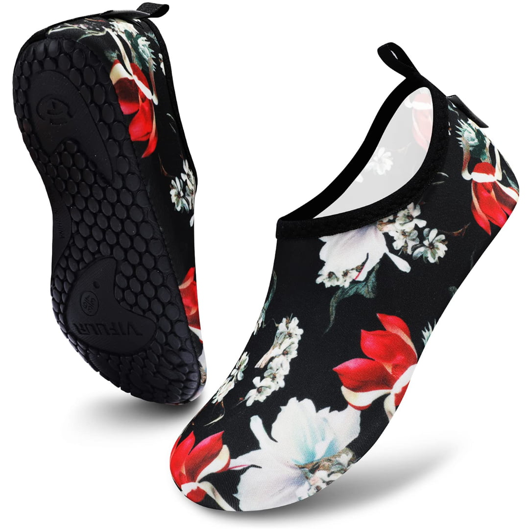 VIFUUR Water Shoes Barefoot Quick-Dry Beach Swim Socks for Women Black Flower