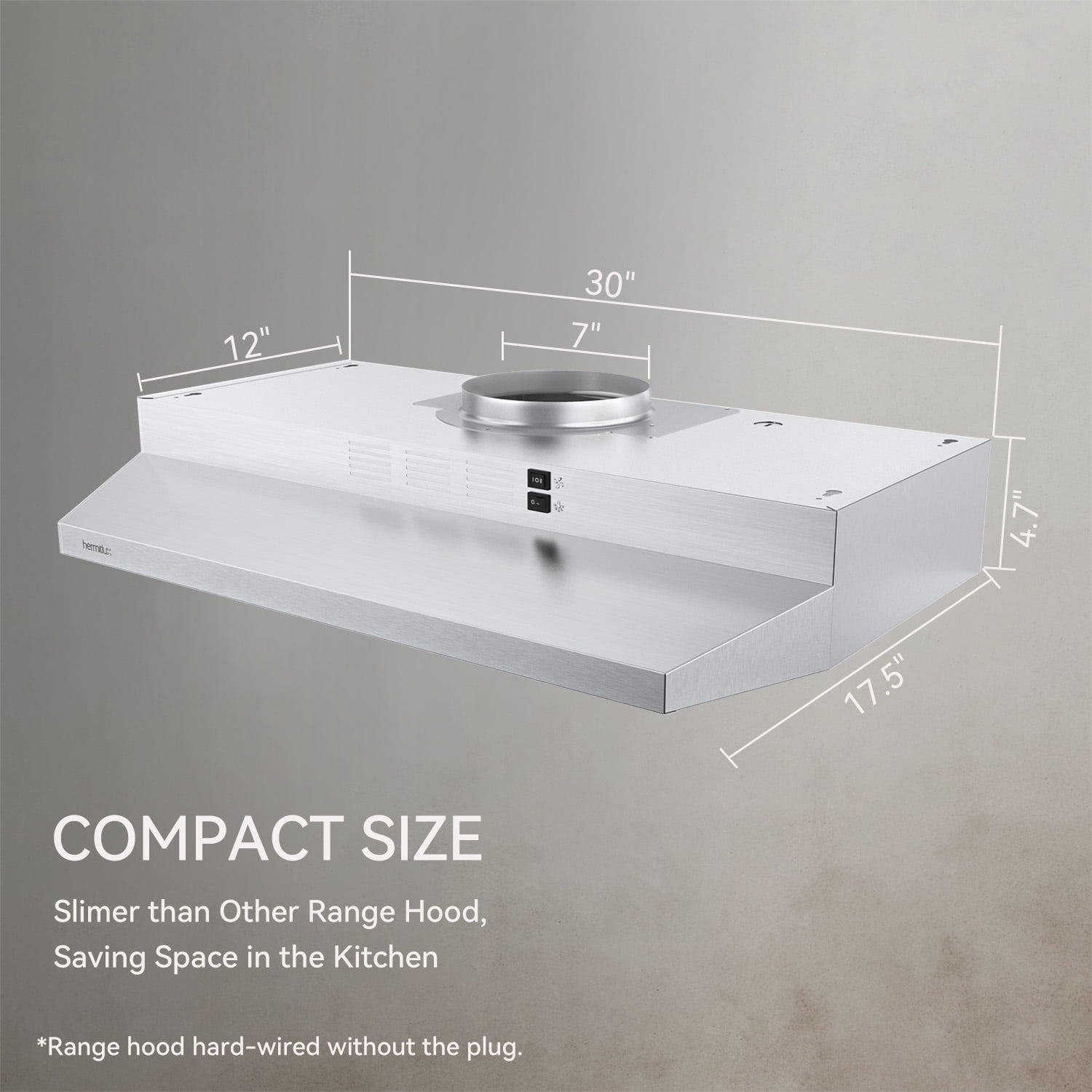 Hermitlux Range Hood 30 inch Under Cabinet, Stainless Steel Vent Hood with LED Light, HMX-USF39A76-AC