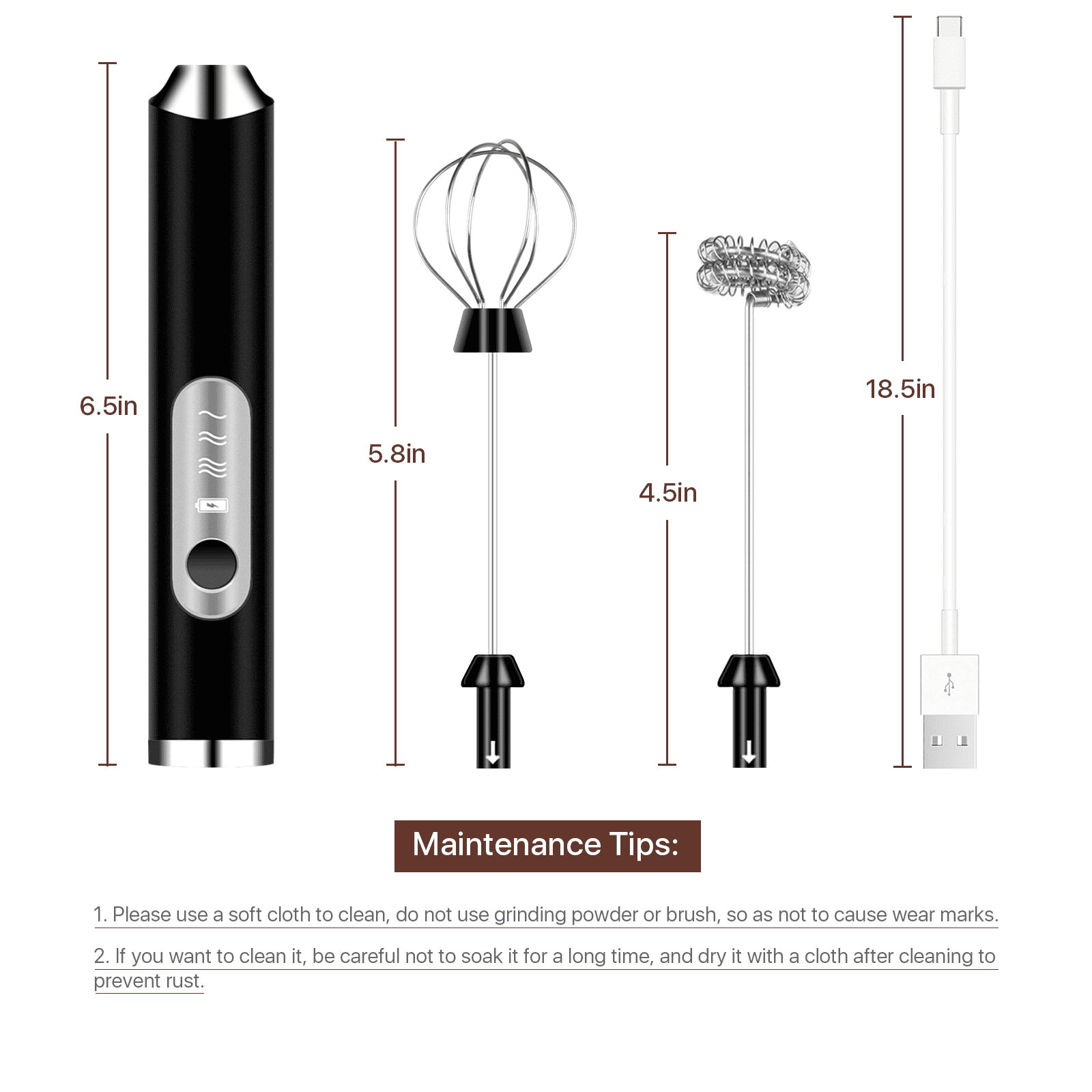 BCOOSS Electric Milk Frother Handheld for Coffee Portable Rechargeable Mixer Foam Maker Black
