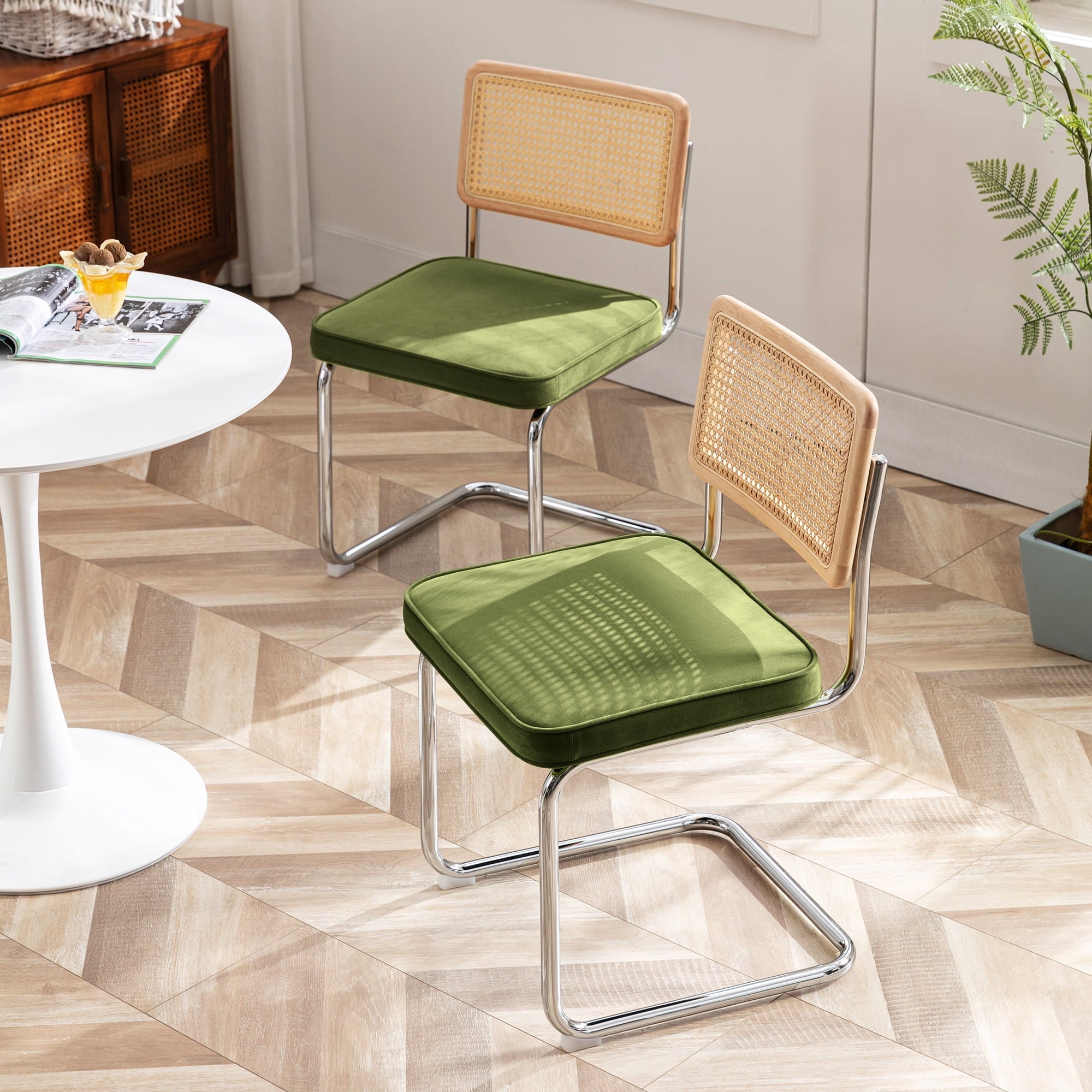 Zesthouse Rattan Dining Chairs Set of 2, Velvet Upholstered Side Chairs with Cane Back and Chrome Legs, Mid-Century Modern Dining Living Room Kitchen Chairs, Green