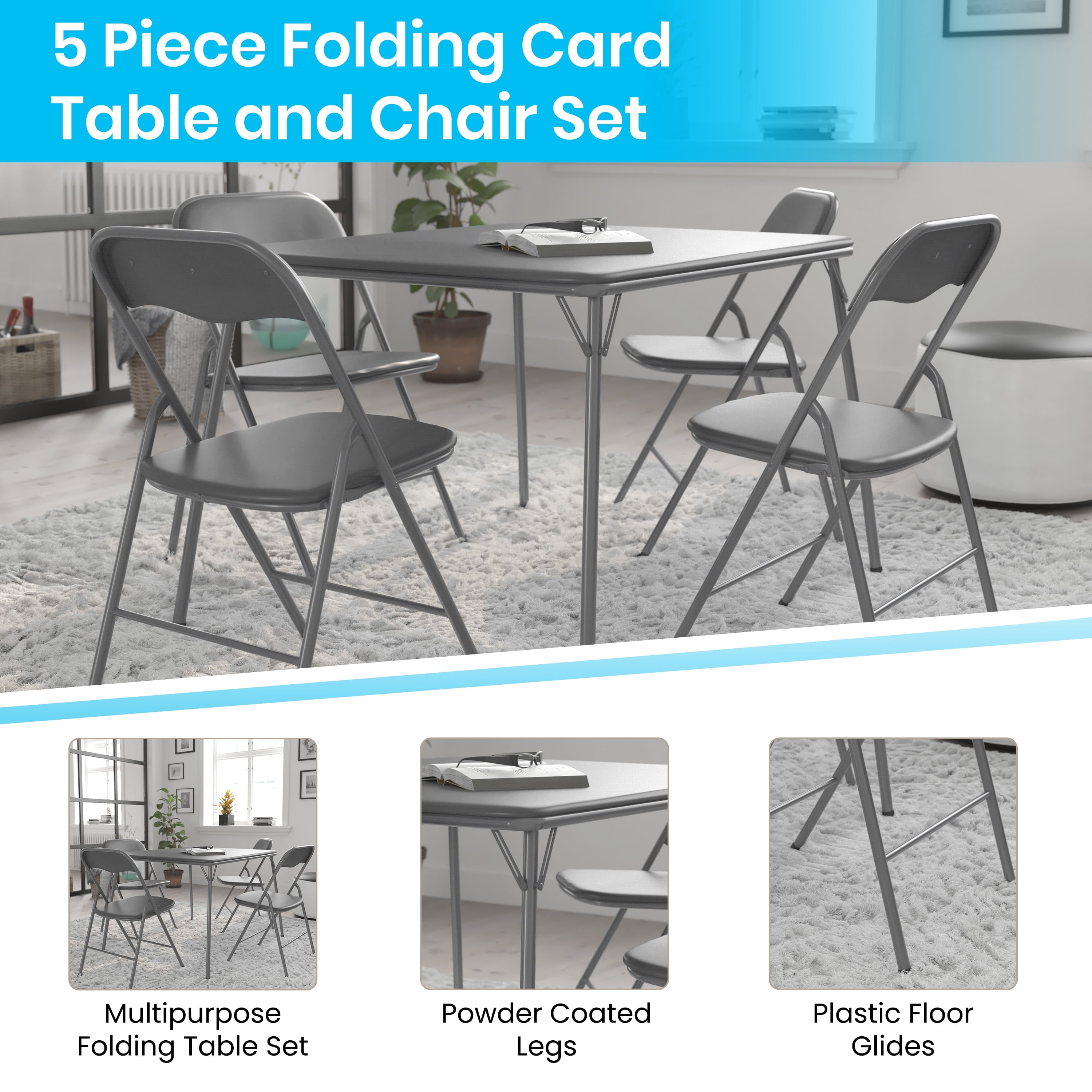 BizChair 5 Piece Gray Folding Card Table and Chair Set