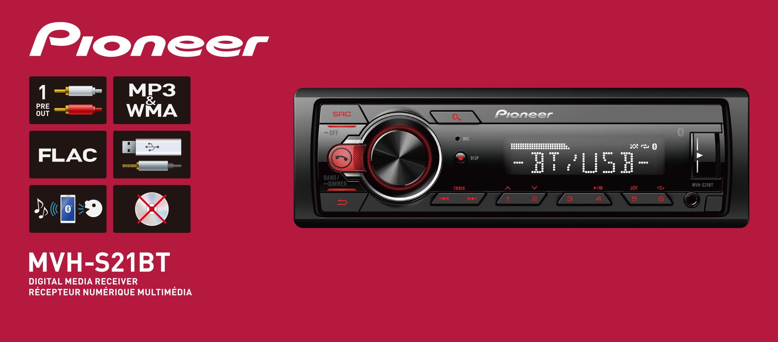 Pioneer MVH-S21BT Digital Media Receiver, Single DIN, In-Dash