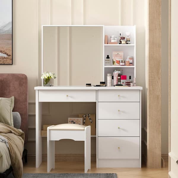 5-Drawers White Wood Big Mirror Vanity Sets Makeup Dressing Desk Sets with Stool and 3-Tier Storage Shelves