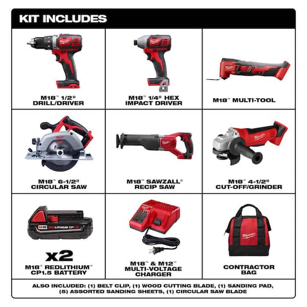 M18 18V Lithium-Ion Cordless Combo Kit (6-Tool) W/ Two 1.5Ah Batteries, Charger, 1 Tool Bag