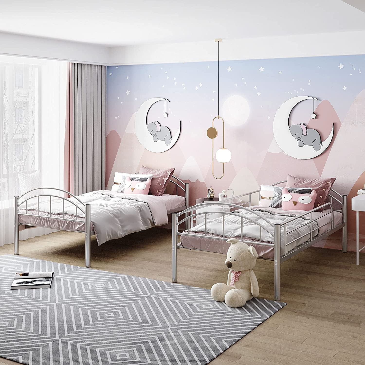 Lusimo Twin Bunk Beds Heavy Duty Metal Bunk Bed Twin Over Twin Convertible 2 Sets of Twin Bed Frame Kids Bunk Beds with Guardrail and Ladder, Silver