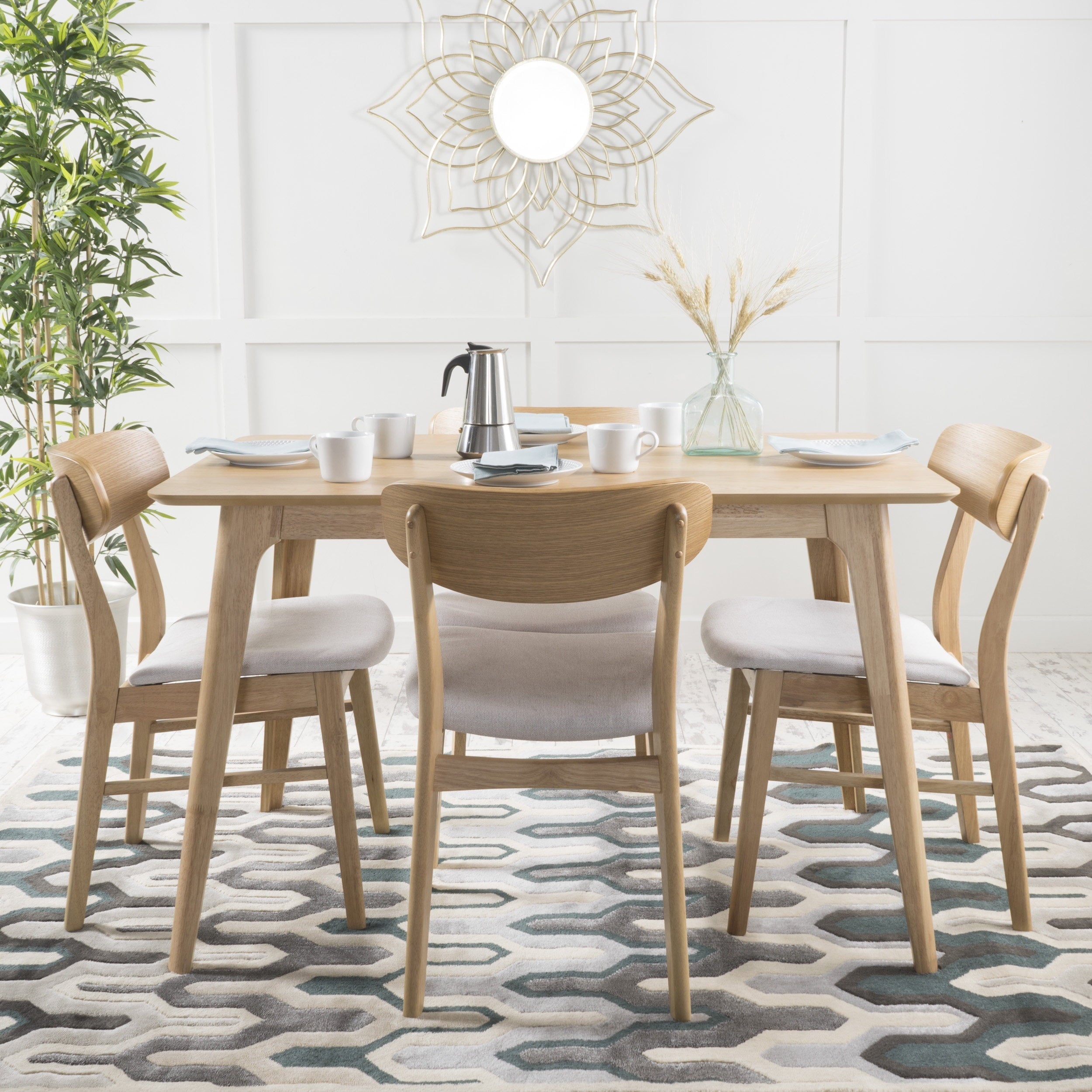 GDF Studio Nyx Mid Century Modern Fabric Upholstered Wood 5 Piece Dining Set, Light Beige and Natural Oak