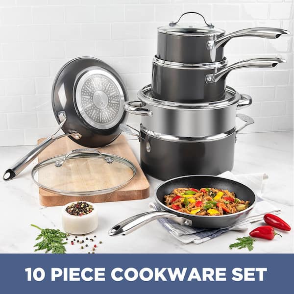 10-Piece Cast-Textured Aluminum Ti-Ceramic Nonstick Cookware Set in Platinum
