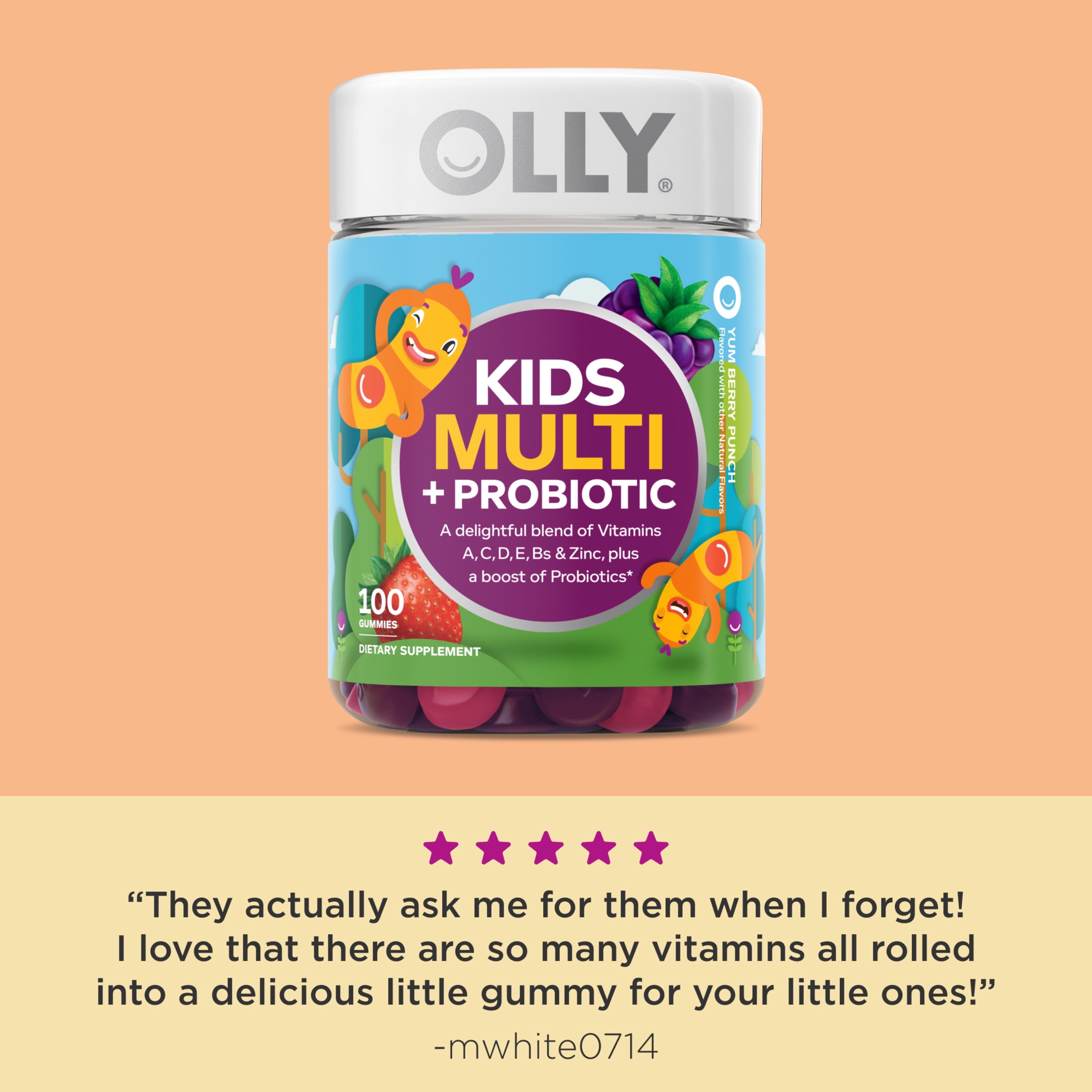 OLLY Kids Multivitamin + Probiotic Gummy, Vitamin A, C, D, E, B, Zinc, Berry, 100 Ct
