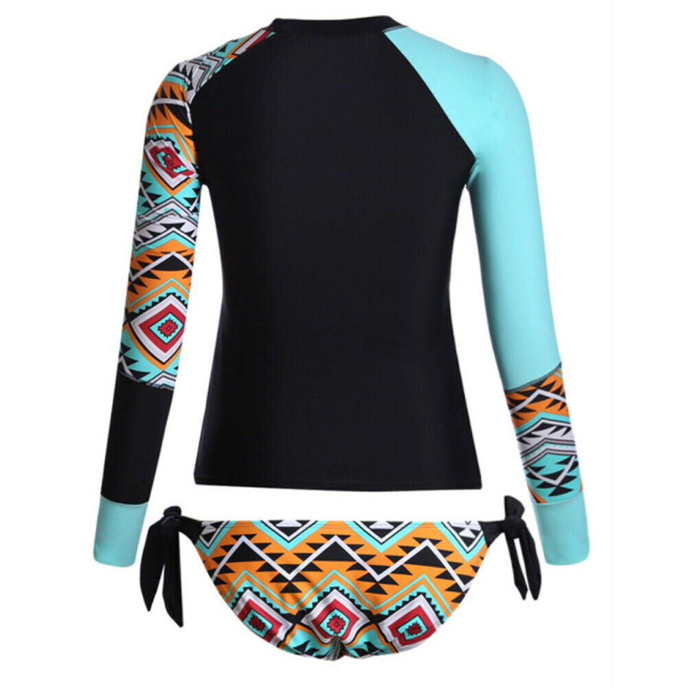 Women Long Sleeve UV Sun UPF 50+ RashGuard Top Two Piece Surfing Diving Swimsuit - S US(4-6)