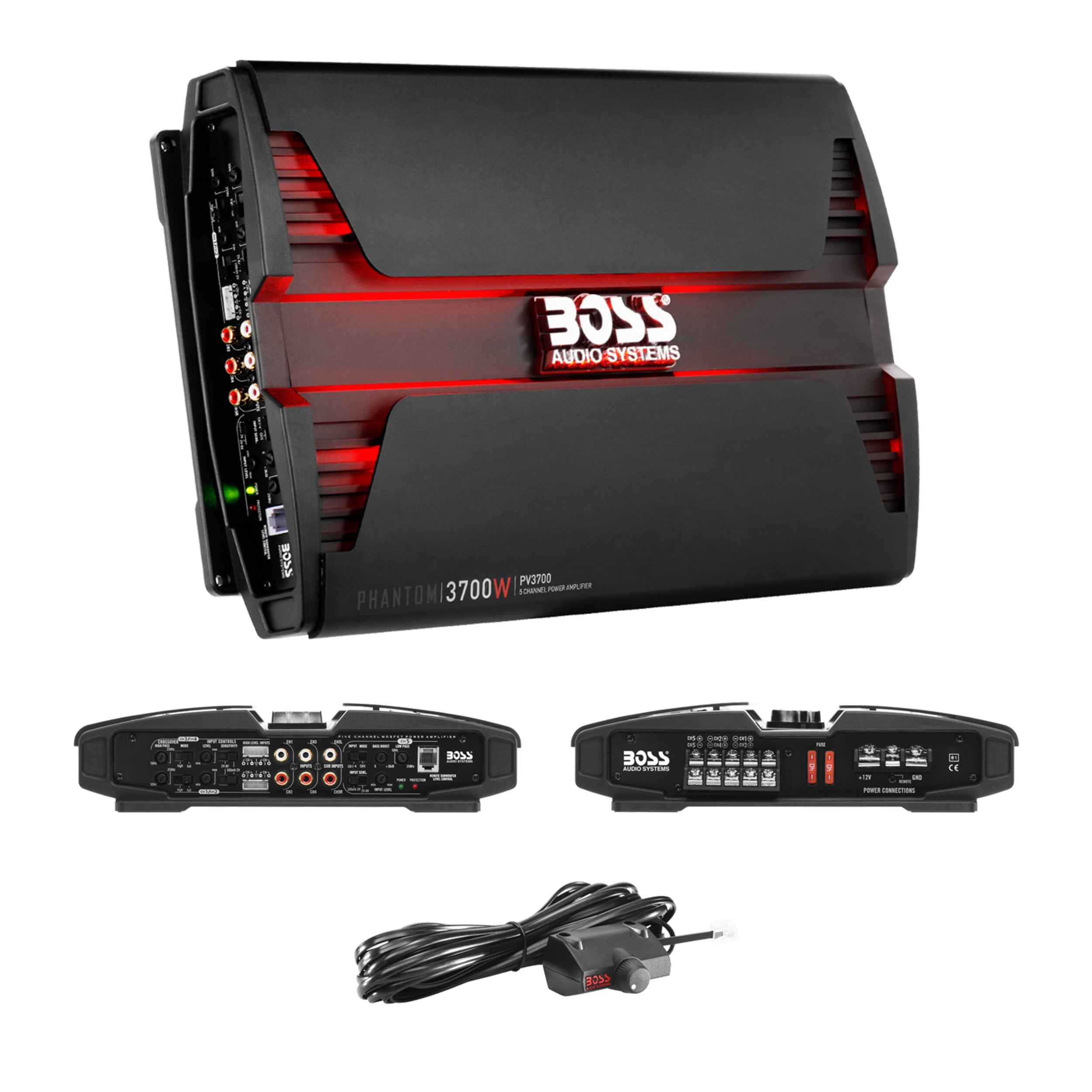 BOSS Audio Systems PV3700 5 Phantom Series Car Audio Amplifier – 3700 High Output, 5 Channel, 2/4 Ohm Stable, Low/High Level Inputs, High/Low Pass Crossover, Full Range, Bridgeable, Subwoofer