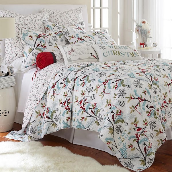 Holly 3-Piece Teal Red Green Leaves, Holly and Snowflakes Cotton King/Cal King Quilt Set