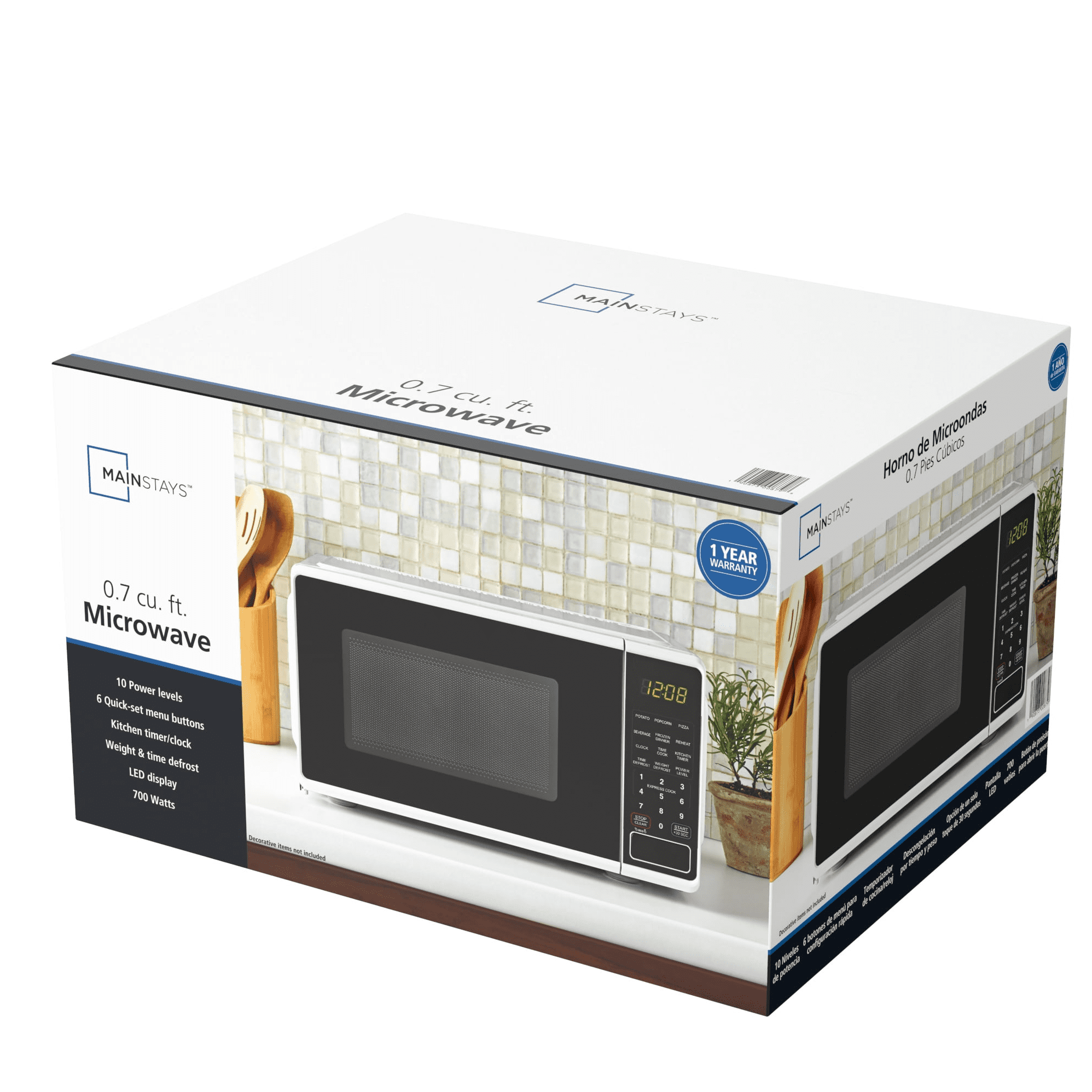 Mainstays 0.7 cu. ft. Countertop Microwave Oven, 700 Watts, White, New