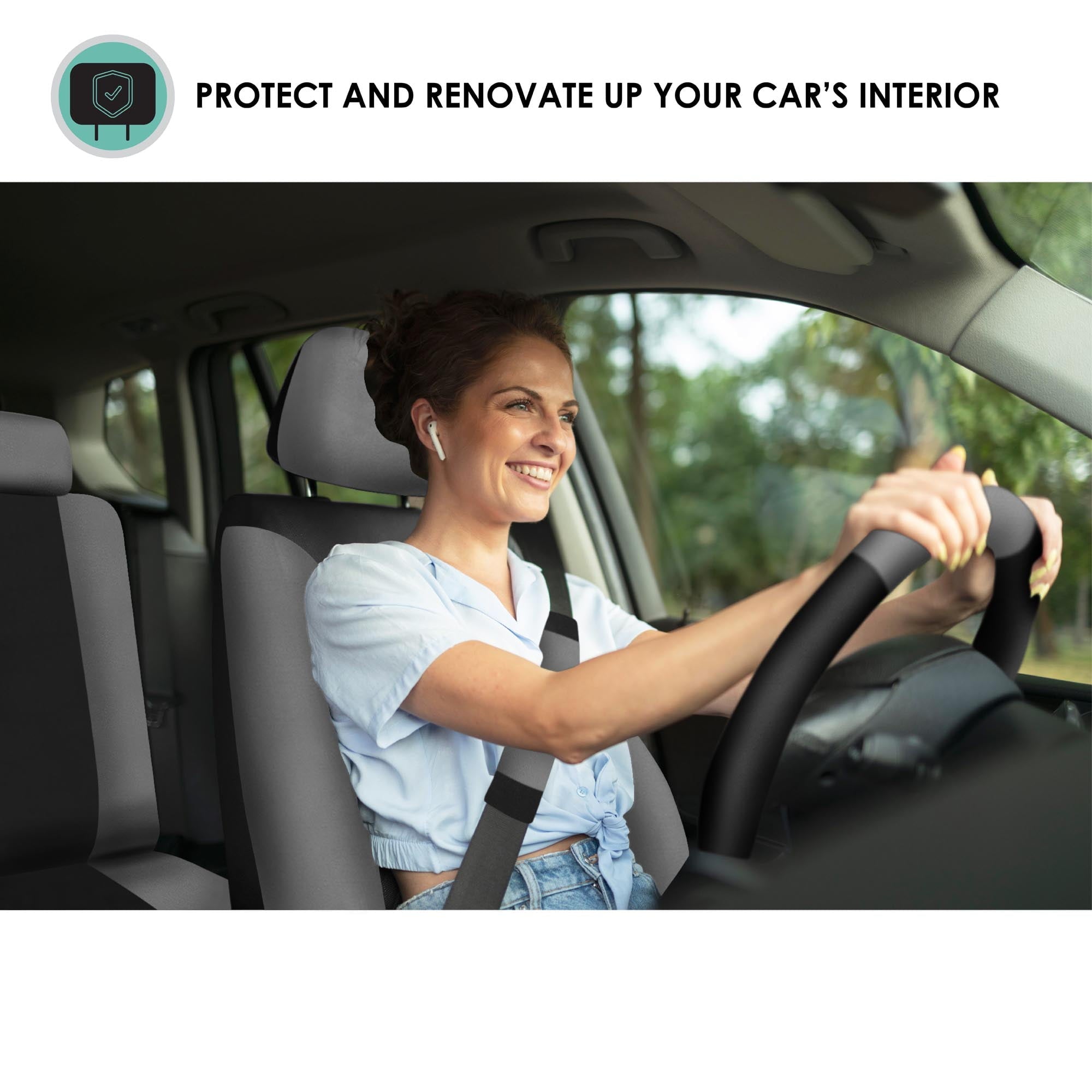 FH Group Light & Breezy AFFB030 Universal Gray Flat Cloth Full Car Seat Covers with Air Freshener