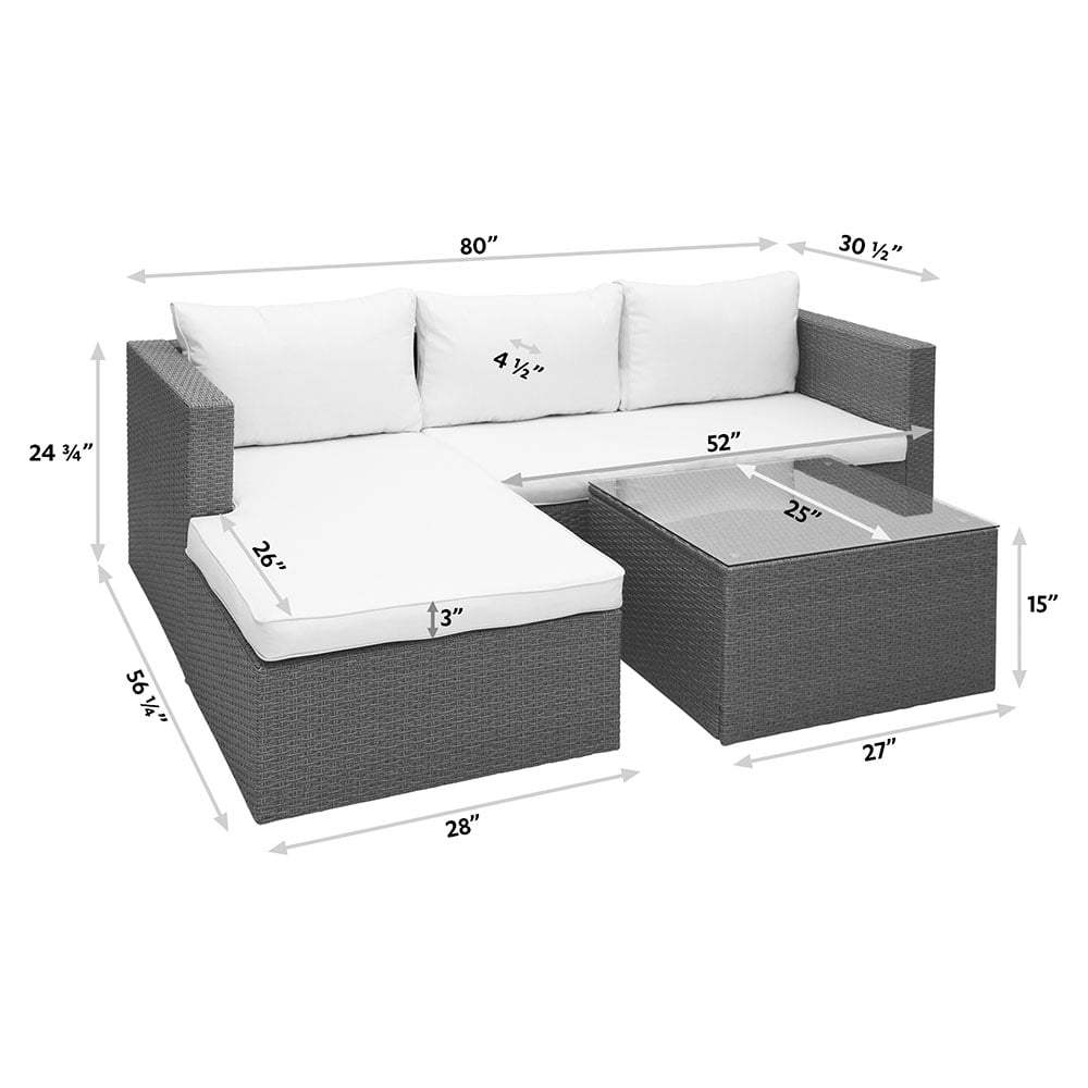 Abble 3 Piece Wicker Sectional Conversation Set with Cushions - Grey