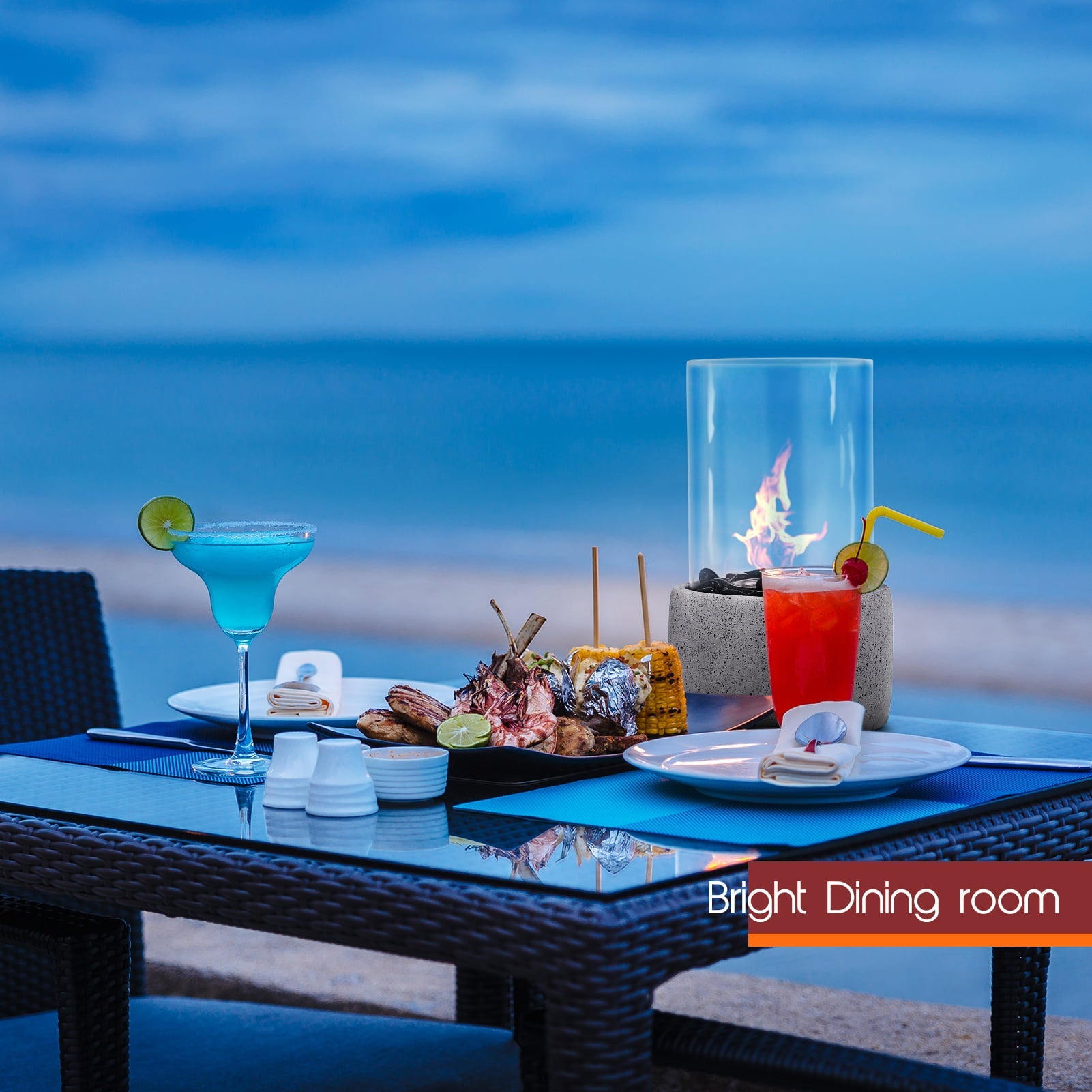 TACKLIFE Tabletop Fire Pit, Tabletop Fireplace with Glass Stone, Concrete Material and Windproof Glass Cover - FP1