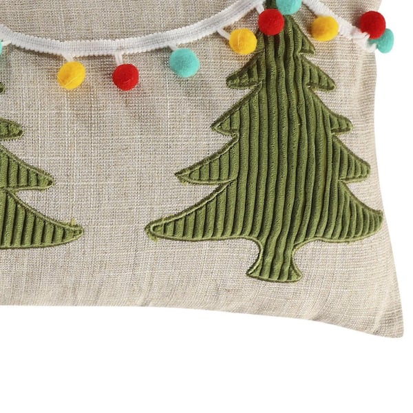 Let It Snow Multicolor Christmas Trees, Pom Pom Trim Applique 12 in. x 24 in. Throw Pillow