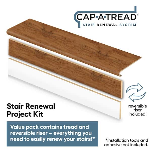 Cobblestone/Applewood/Acacia/Koa 47in.Lx12.15in.Wx1.69in.T Laminate Stair Tread and Reversible Riser Kit Adhesive