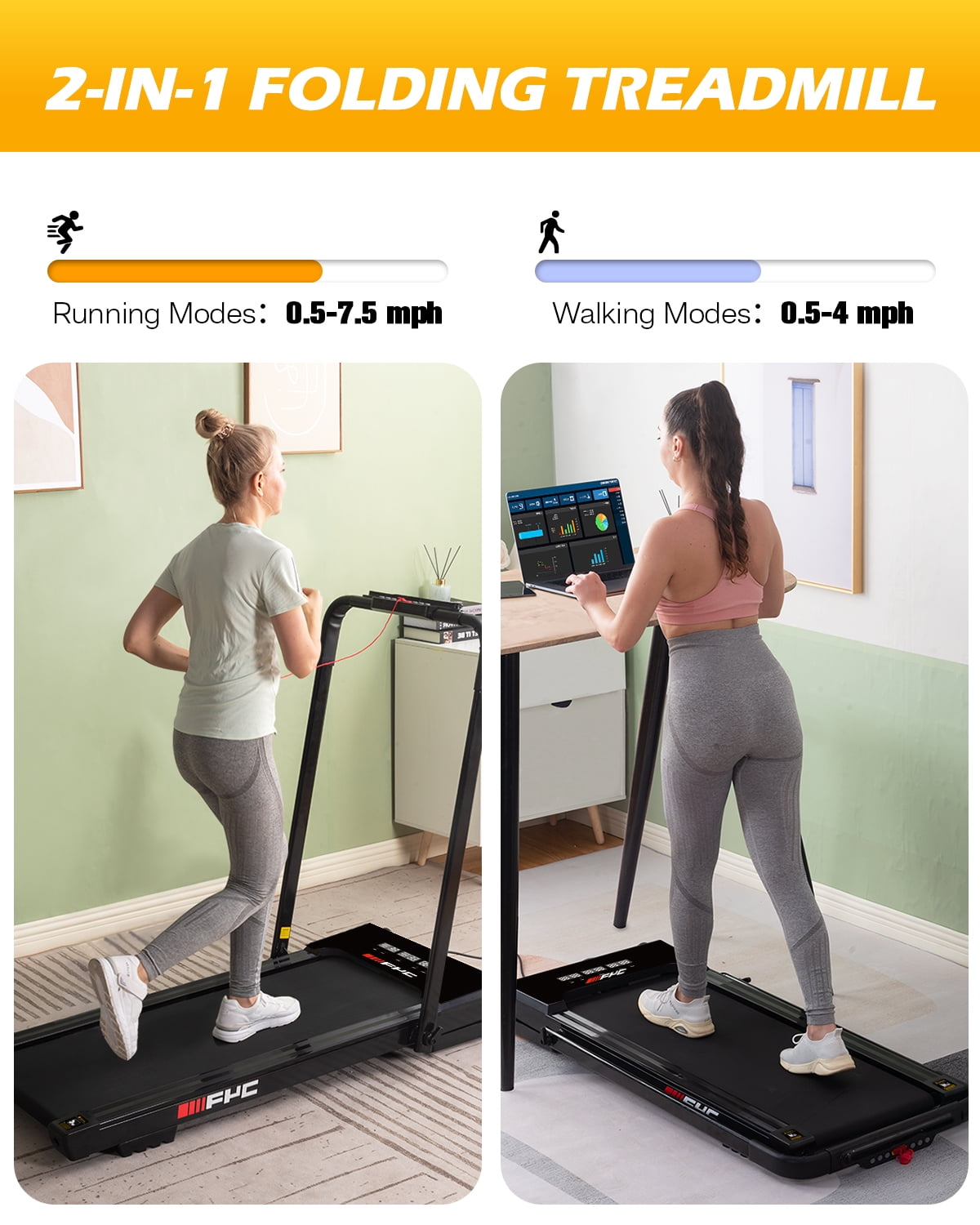 FYC 3.5HP Under Desk Treadmill - 300LBS Weight Capacity, 2-in-1 Foldable Design, Remote Control & LED Display - Compact Electric Walking and Running Machine for Walking, Running, Jogging (Black)