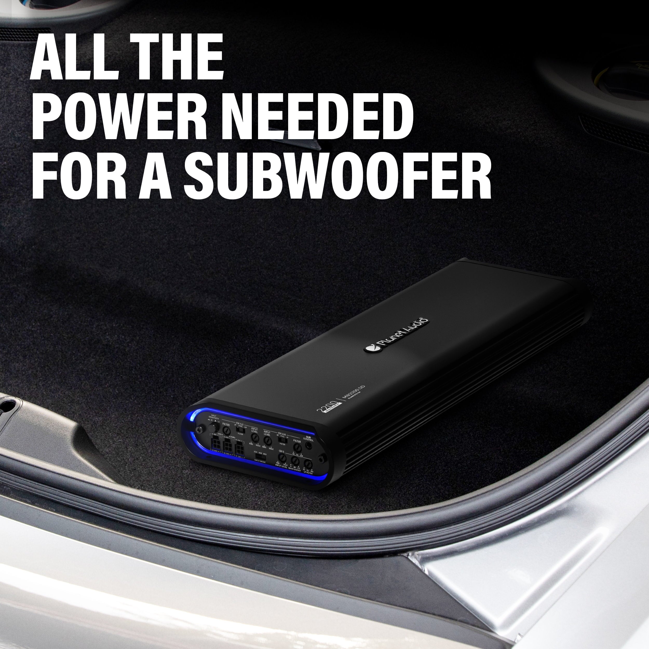 Planet Audio MB2200.5D Mini Bang Series Car Audio Amplifier - 2200 High Output, 5 Channel, Class D, 2 Ohm, Low/High Level Inputs, Low/High Pass Crossover, Full Range, Hook Up To Stereo and Subwoofer