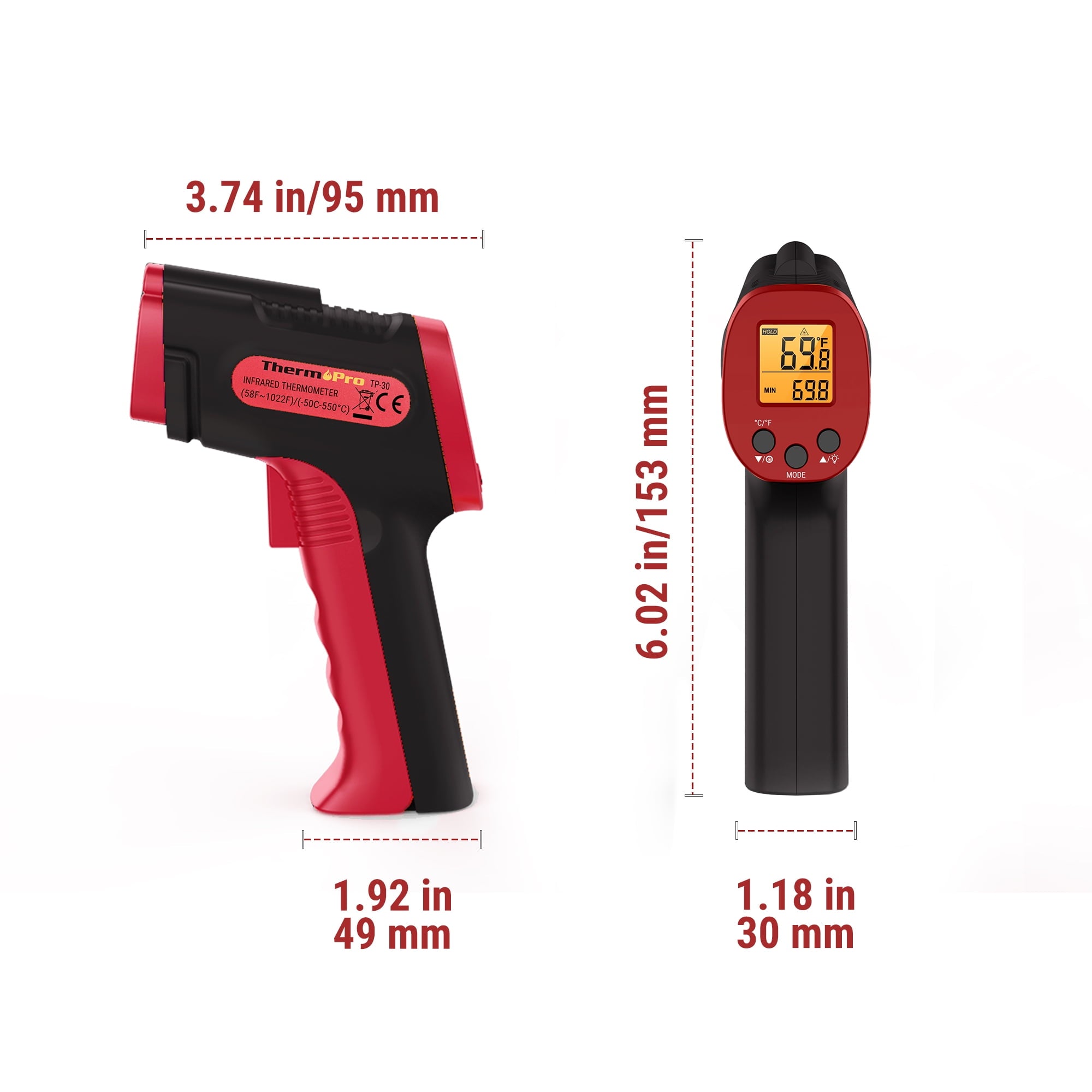 ThermoPro TP30W Digital Infrared Thermometer Gun Non Contact Laser Temperature Gun -58°F ~1022°F with Adjustable Emissivity & Max Measure