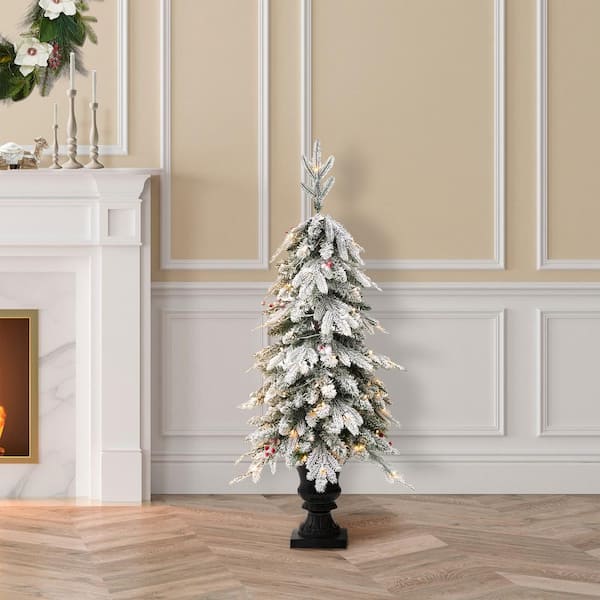4 ft. Pre-Lit Flocked Fir Artificial Christmas Tree with 100 Warm White Lights and Red Berries