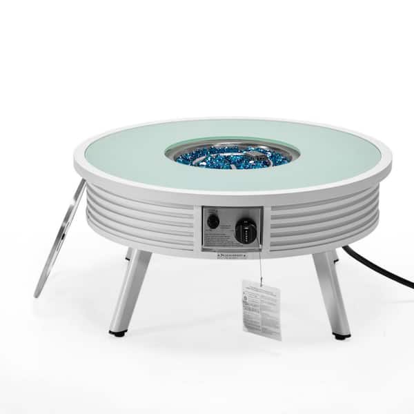 Walbrooke Modern White Patio Round Fire Pit Table with Aluminum Slats Frame