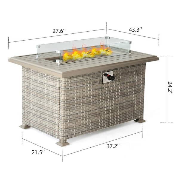 43.3 in. W Beige Brown Wicker Gas Fire Table Patio Propane Aluminium Rectangle Gas Fire Pit with Glass Wind Guard