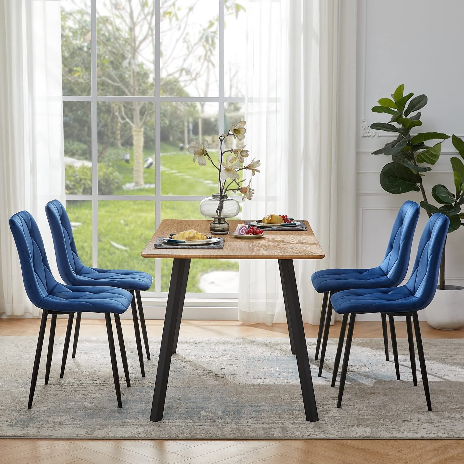 YEAG Velvet Dining Chair,Armless Modern Side Chair,Set of 4,Blue