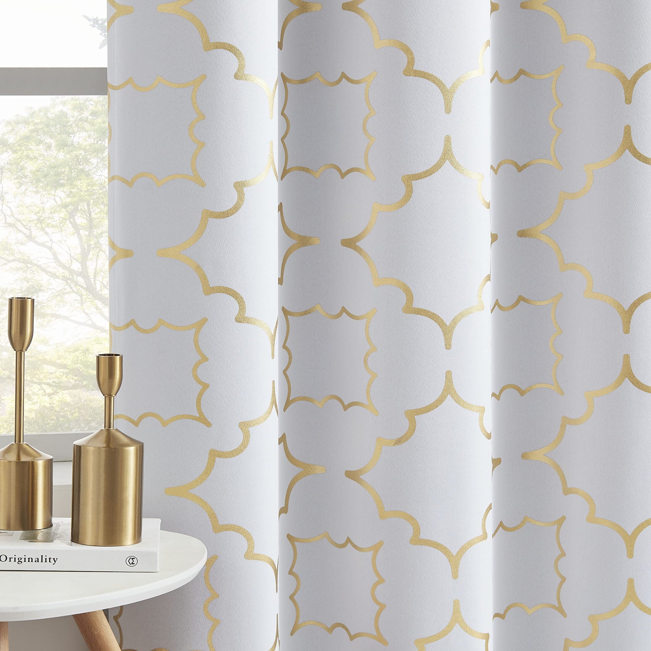 Junvictex White Blackout Curtain for Bedroom Gold Foil Moroccan Metallic Print,Grommet Top,52