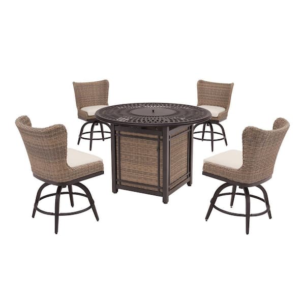 Hazelhurst 5-Piece Brown Wicker Outdoor Patio High Dining Fire Pit Seating Set with CushionGuard Almond Tan Cushions