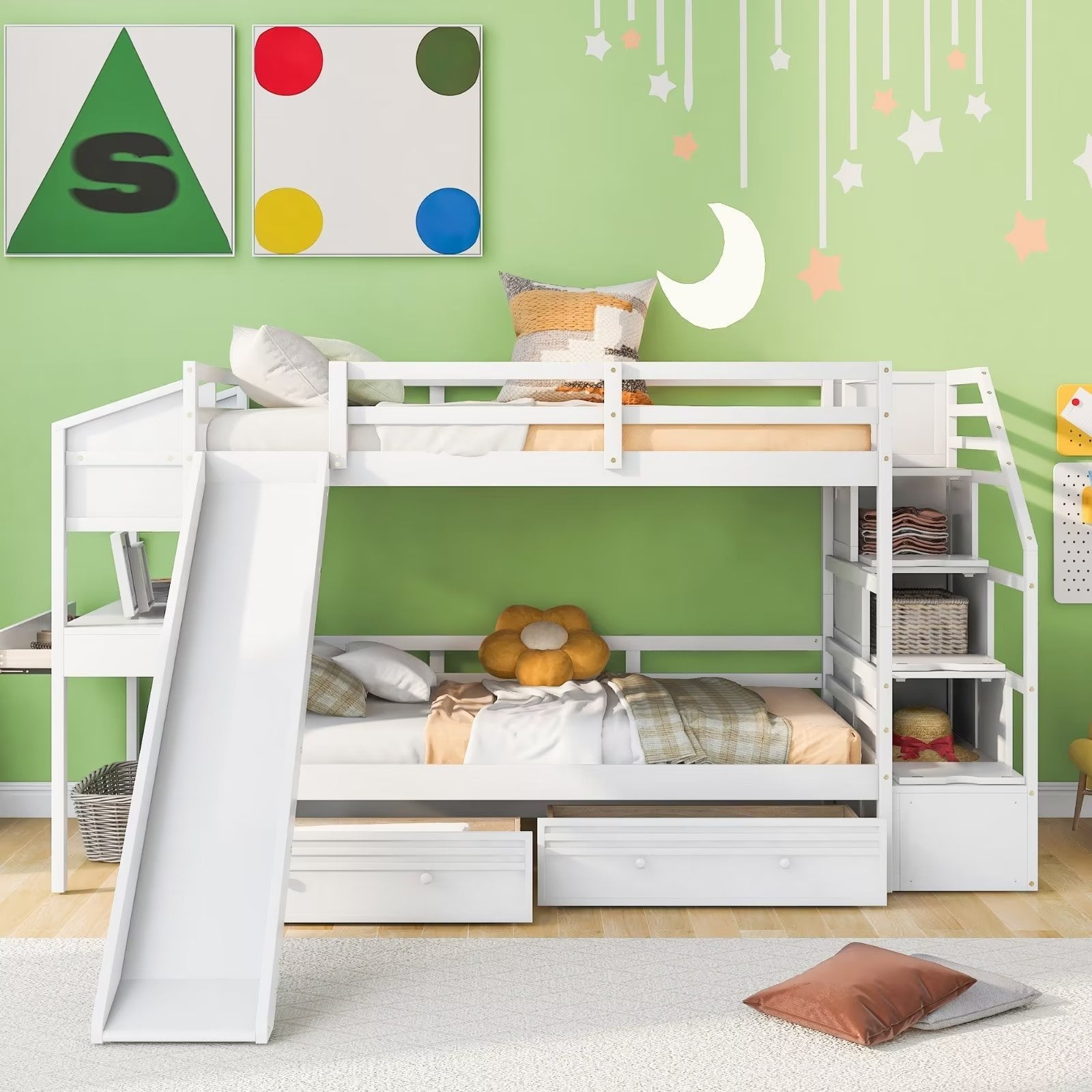 Twin over Twin Bunk Bed Frame with Storage Staircase, Slide and Drawers, Desk with Drawers and Shelves, Multifunctional Wooden Platform Bed with Safety Guardrails, White