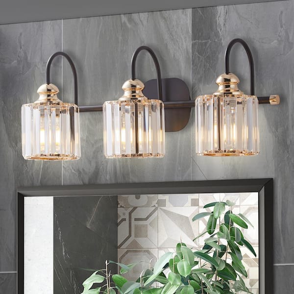 IndustrialVL 23.13 in. 3-Light Brass Black Vanity Light with Crystal Glass Shades