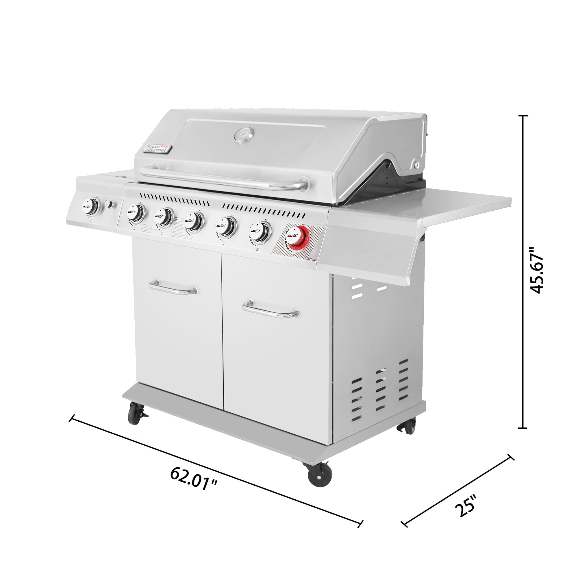 Gourmet GA6402S Stainless Steel Gas Grill, Premier 6-Burner BBQ Grill with Sear Burner and Side Burner, 74,000 BTU, Cabinet Style, Outdoor Party Grill, Silver