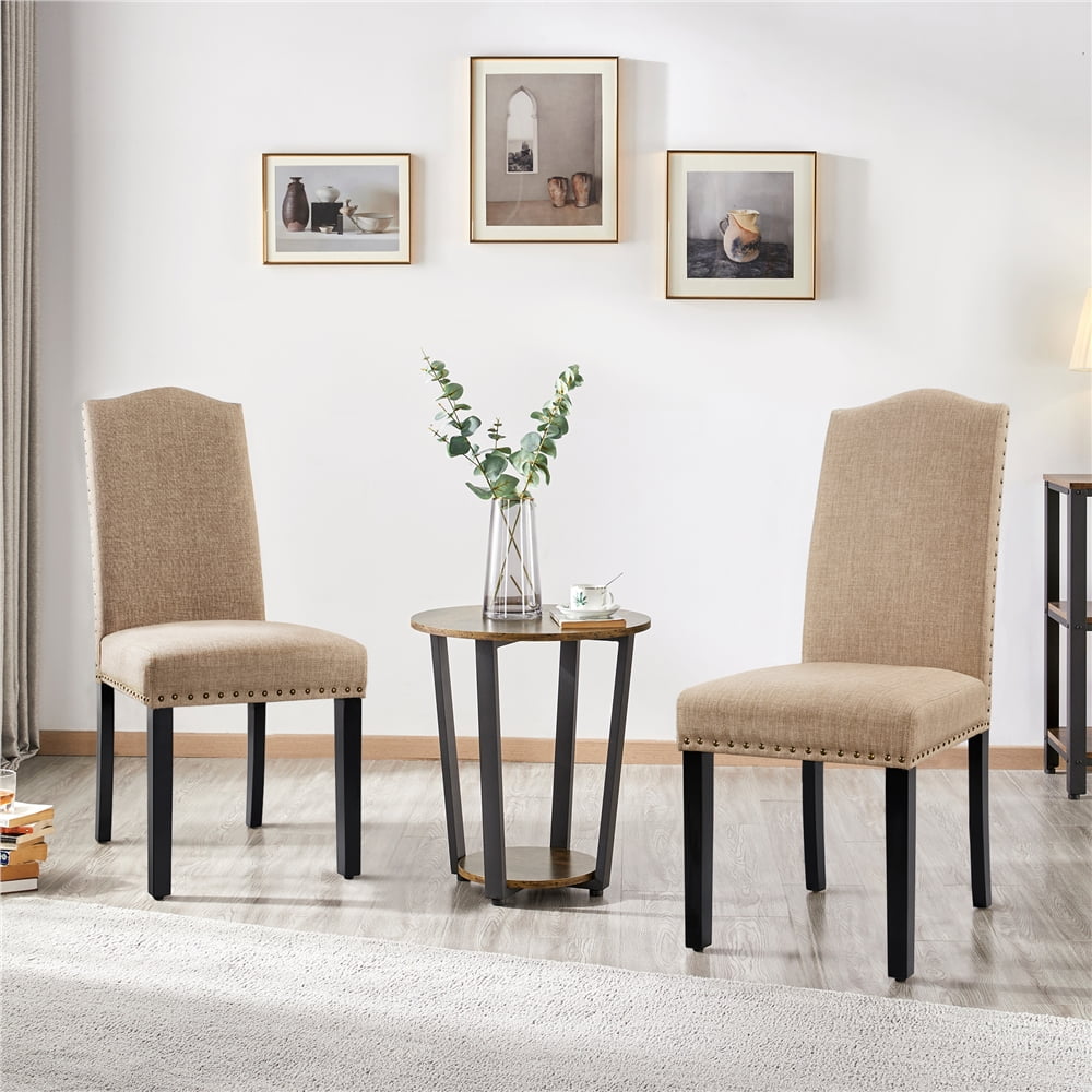 Smile Mart Tufted High Back Dining Chair with Solid Wood Legs, Set of 2, Khaki