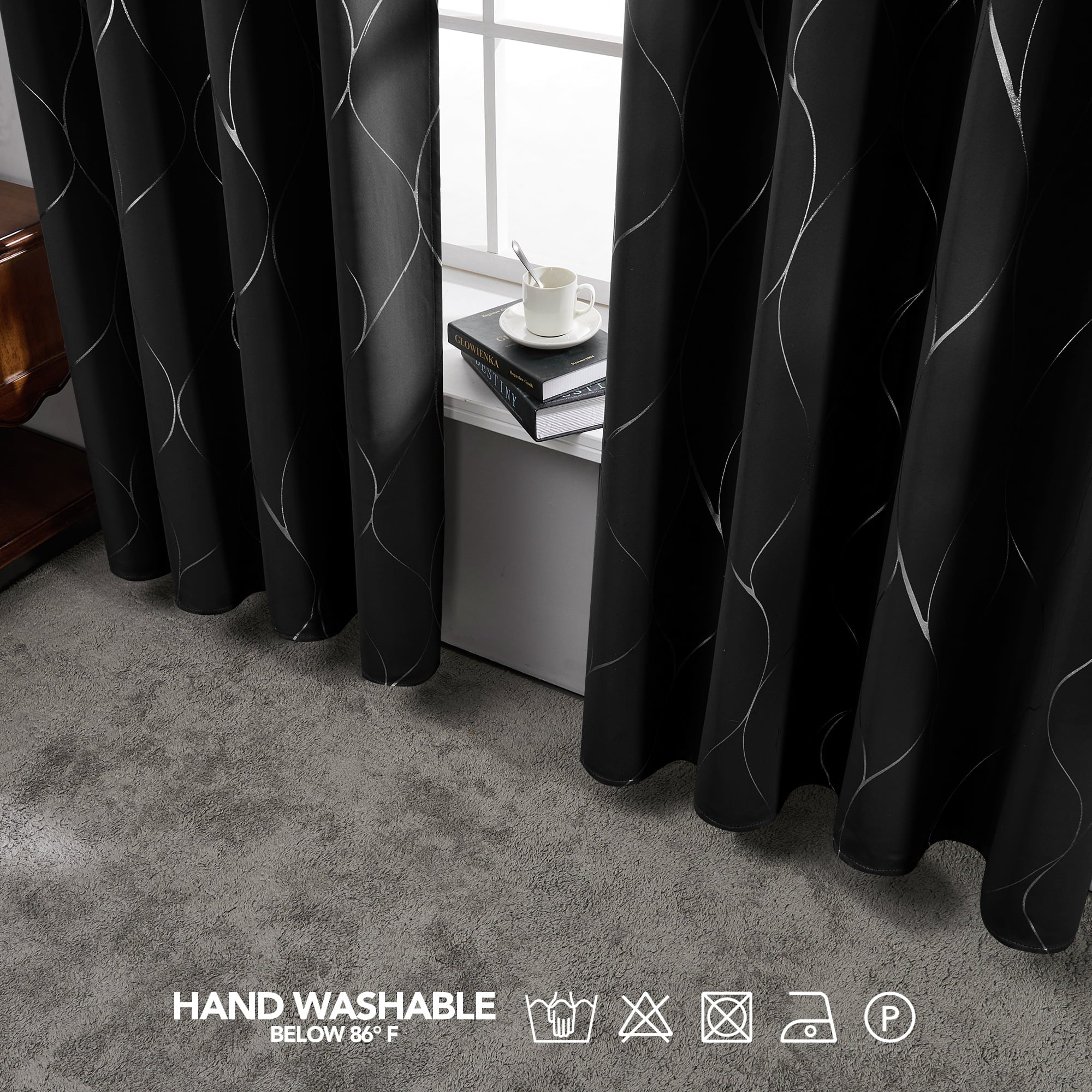 Deconovo Silver Wave Foil Print Blackout Curtains Grommet Light Blocking Room Darkening Curtain Noise Reducing Window Draperies for Living Room 52W x 84L inch Set of 2 Panels Black